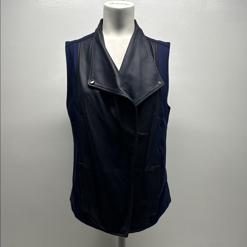 Vince Lamb Leather Vest Sleeveless Jacket Zip Snap Collared Navy Black Medium